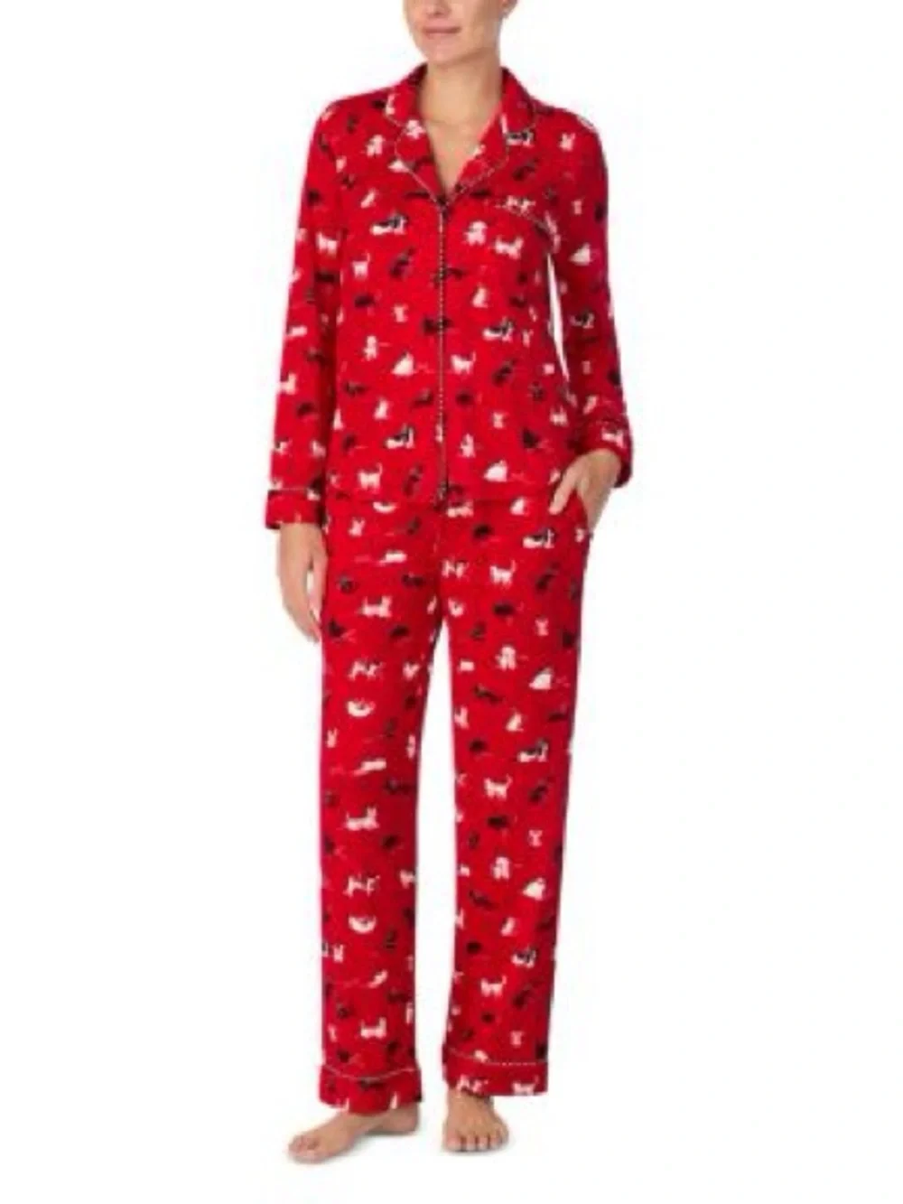 Kate Spade New York Holiday Cozy Jersey Pajama Set Cats Dogs Red Multi Large NEW